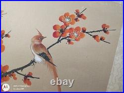 Vintage Original Japanese Silk Watercolor Long Tail Red Bird in Orange Blossoms