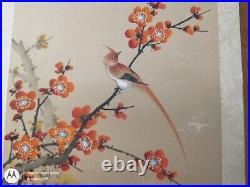 Vintage Original Japanese Silk Watercolor Long Tail Red Bird in Orange Blossoms