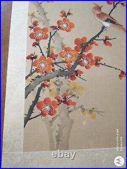 Vintage Original Japanese Silk Watercolor Long Tail Red Bird in Orange Blossoms