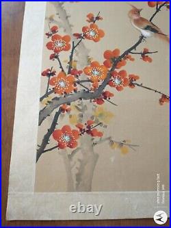 Vintage Original Japanese Silk Watercolor Long Tail Red Bird in Orange Blossoms