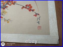 Vintage Original Japanese Silk Watercolor Long Tail Red Bird in Orange Blossoms