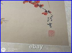 Vintage Original Japanese Silk Watercolor Long Tail Red Bird in Orange Blossoms