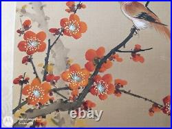 Vintage Original Japanese Silk Watercolor Long Tail Red Bird in Orange Blossoms