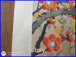 Vintage Original Japanese Silk Watercolor Long Tail Red Bird in Orange Blossoms