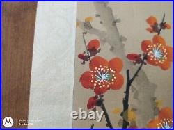 Vintage Original Japanese Silk Watercolor Long Tail Red Bird in Orange Blossoms