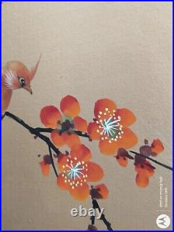 Vintage Original Japanese Silk Watercolor Long Tail Red Bird in Orange Blossoms