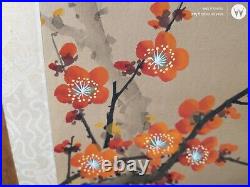 Vintage Original Japanese Silk Watercolor Long Tail Red Bird in Orange Blossoms