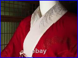 Vintage Scarlet Red Silk Nagajuban with White Collar for Kimono Kitsuke Apr21A