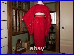 Vintage Scarlet Red Silk Nagajuban with White Collar for Kimono Kitsuke Apr21A