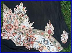 Vintage Stunning Japanese Silk Black Floral Red Lined Kimono w. Sash