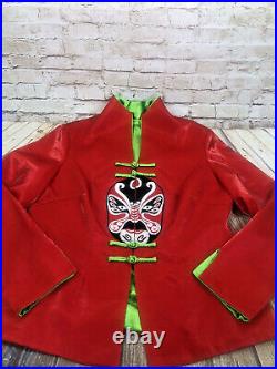 Vtg Japanese Kabuki mask embroidered reversible silk red/green jacket sz M/L