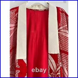 Vtg Japanese Kimono Silk Juban (Nagajuban) Worn Under Kimono Red & White Bamboo