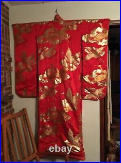 (W-KIM-1) Rare vintage red Silk Kakeshita Japanese Wedding Kimono crane floral