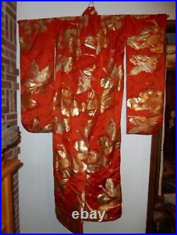 (W-KIM-1) Rare vintage red Silk Kakeshita Japanese Wedding Kimono crane floral