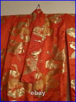 (W-KIM-1) Rare vintage red Silk Kakeshita Japanese Wedding Kimono crane floral