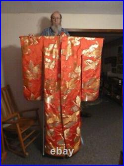 (W-KIM-1) Rare vintage red Silk Kakeshita Japanese Wedding Kimono crane floral