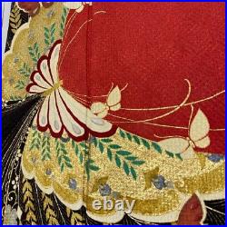 Woman Japanese Kimono Furisode Silk Butterfly Flower Gold Silver Embroidery Red