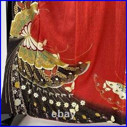 Woman Japanese Kimono Furisode Silk Butterfly Flower Gold Silver Embroidery Red