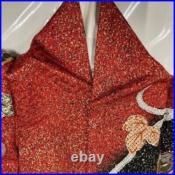 Woman Japanese Kimono Furisode Silk Kamakura Pattern Ivy Gold Thread Foil Red