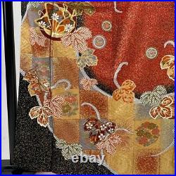 Woman Japanese Kimono Furisode Silk Kamakura Pattern Ivy Gold Thread Foil Red