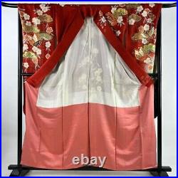 Woman Japanese Kimono Furisode Silk Kasamatsu Butterfly Gold Thread Foil Red
