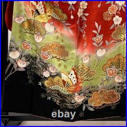 Woman Japanese Kimono Furisode Silk Kasamatsu Butterfly Gold Thread Foil Red