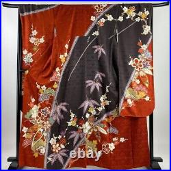 Woman Japanese Kimono Furisode Silk Pine Bamboo PlumBlossom Hanabishi Foil Red