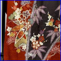 Woman Japanese Kimono Furisode Silk Pine Bamboo PlumBlossom Hanabishi Foil Red