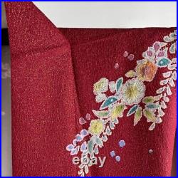 Woman Japanese Kimono Furisode Silk Tsujigabana Gold Thread Foil Dark Red YAMATO