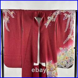 Woman Japanese Kimono Furisode Silk Tsujigabana Gold Thread Foil Dark Red YAMATO